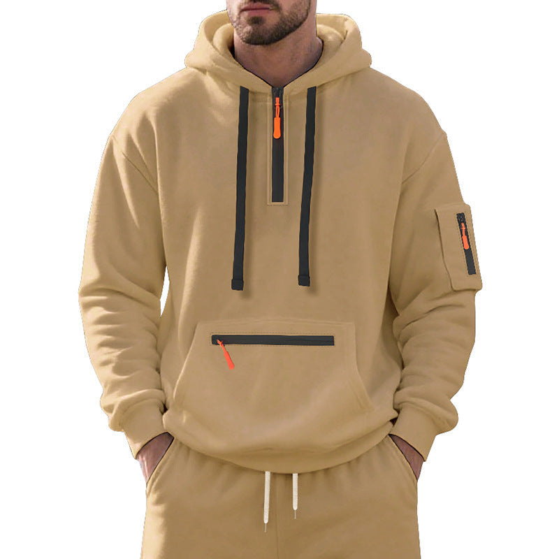Herren nan technischer Freizeit-Hoodie mit kurzem mittigem Reißverschluss, Reißverschluss-Kängurutasche und Ärmeltasche Drune