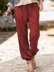 Damen nan lässige Leinenoptik Jogginghose mit Tunnelzug, aufgesetzten Taschen und elastischen Bündchen Drune