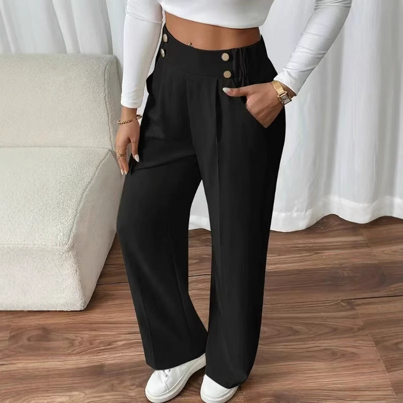 Damen elegante Hochbundhose mit seitlichen Knopfdetails und weitem Bein