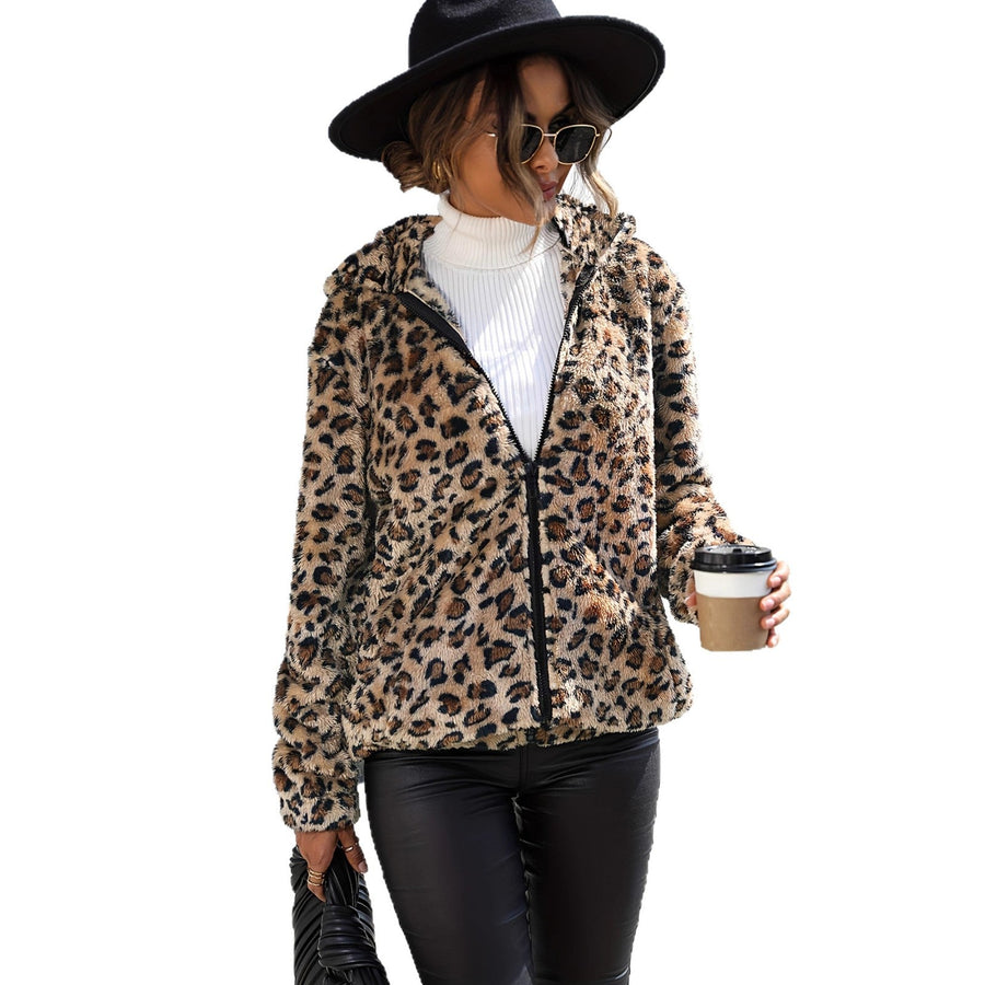 Damen Fleecejacke mit Leopardenmuster und praktischem Reißverschluss