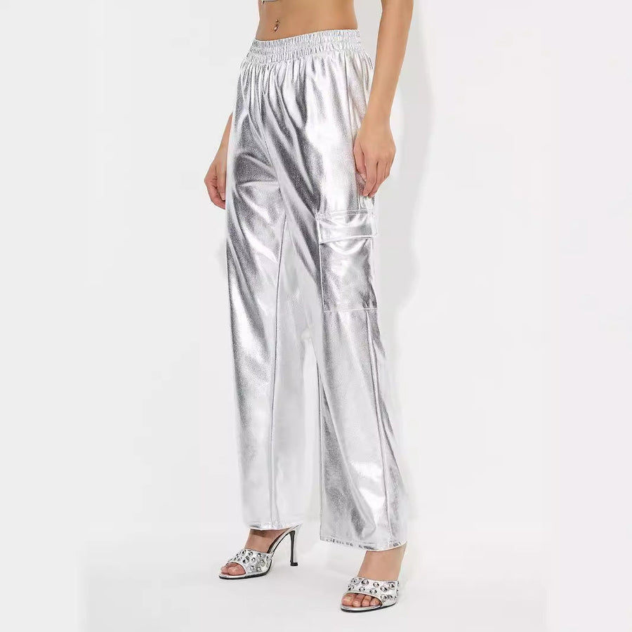 Damen Cargo-Hosen im glänzenden Metallic-Look mit elastischem Bund
