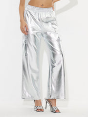 Damen Cargo-Hosen im glänzenden Metallic-Look mit elastischem Bund