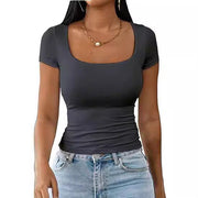 Damen figurbetontes Oberteil mit quadratischem Ausschnitt und kurzen Ärmeln Heidi-Mode