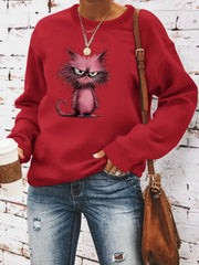 Damen Sweatshirt mit kreativem Katzenmotiv