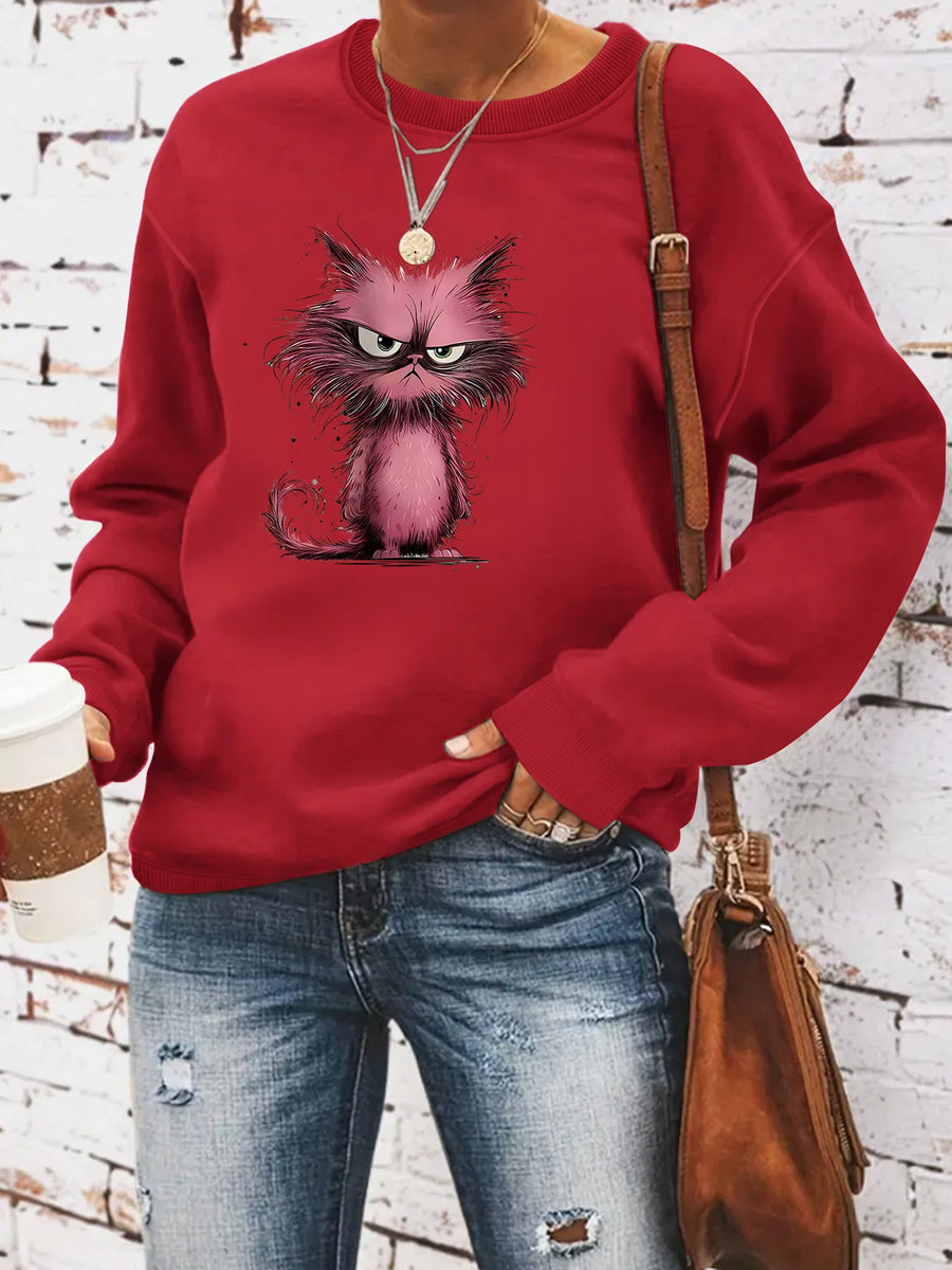 Damen Sweatshirt mit kreativem Katzenmotiv