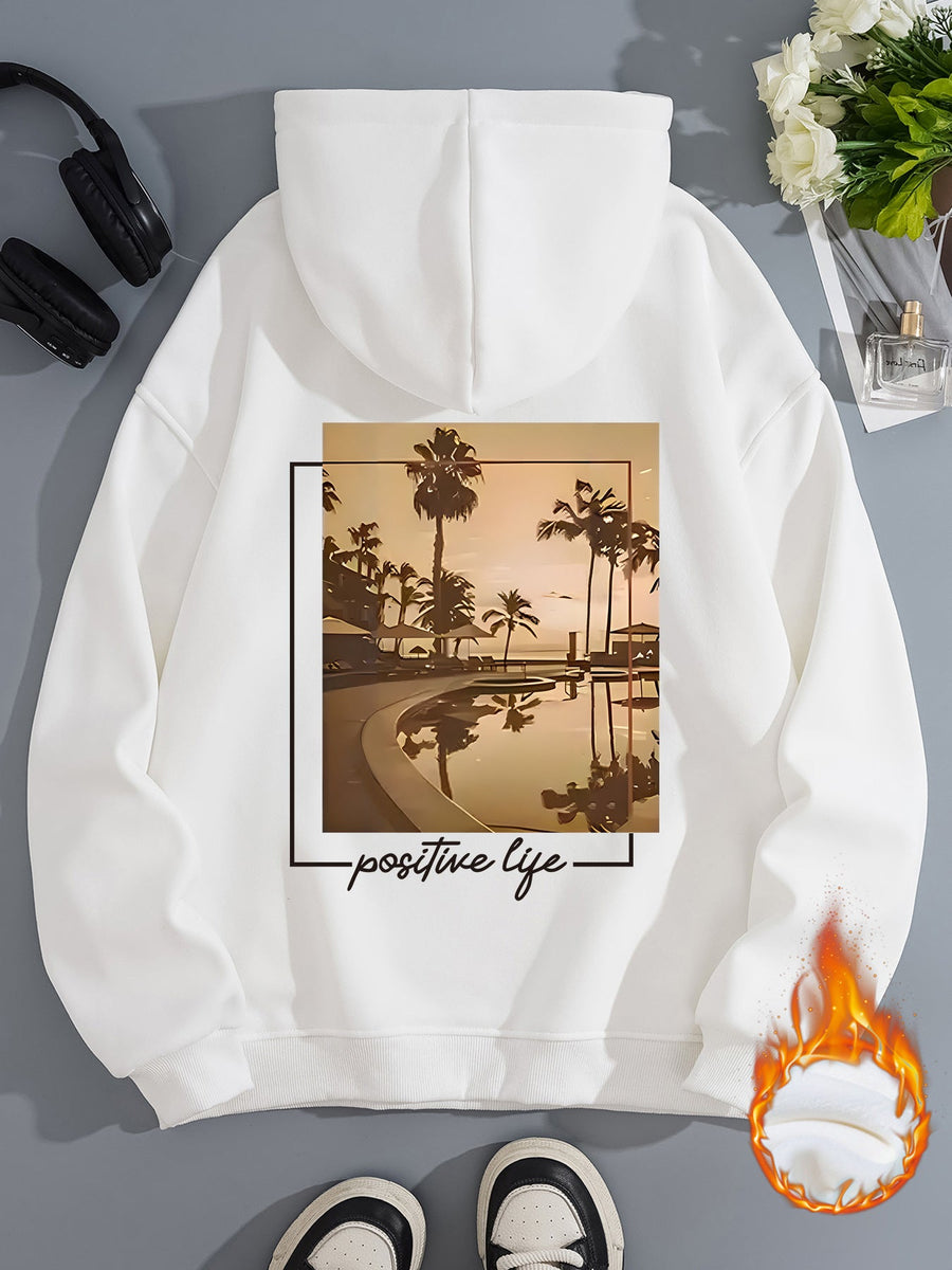 Damen Kapuzenpullover mit urbanem Palmenmotiv und positivem Schriftzug