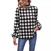 Damen elegante Bluse mit hochgeschlossenem Kragen und grafischem Muster