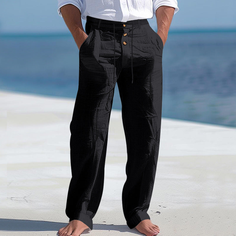 Herren lässige Leinenhose mit hohem Bund und bequemen Taschen Heidi-Mode