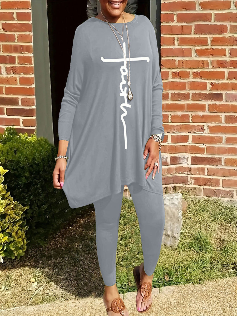 Damen Leggings- und Tunika-Set mit asymmetrischem Schnitt und motivierenden Prints