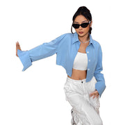 Damen cropped Bluse mit weiten Ärmeln und eleganter Knopfleiste