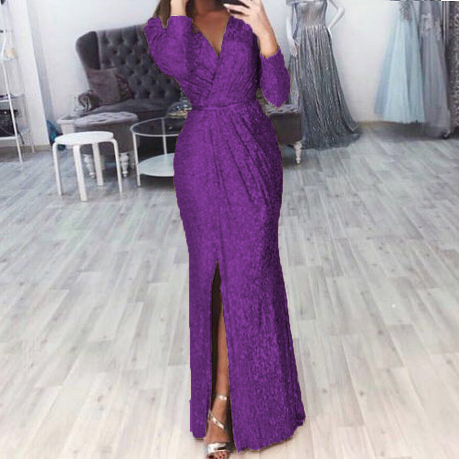 Damen langes Abendkleid mit elegantem Wickelschnitt und Schlitz