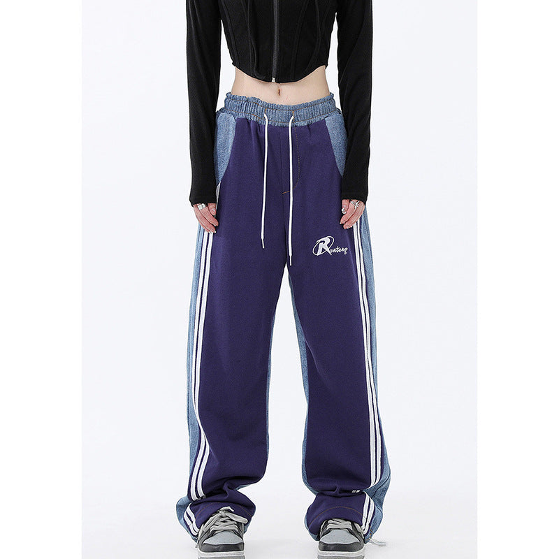 Damen nan weite Jogginghose mit Denim-Einsätzen, elastischem Bund und seitlichen Kontraststreifen Drune