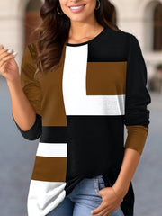 Damen nan geometrisches Colorblock Longsleeve-Tunika-Oberteil mit Rundhalsausschnitt und asymmetrischem Saum Drune