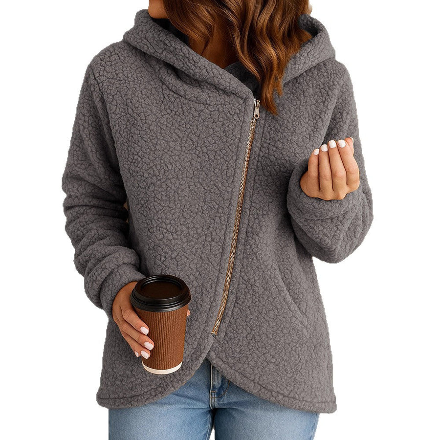 Damen Fleecejacke mit asymmetrischem Reißverschluss und Kapuze