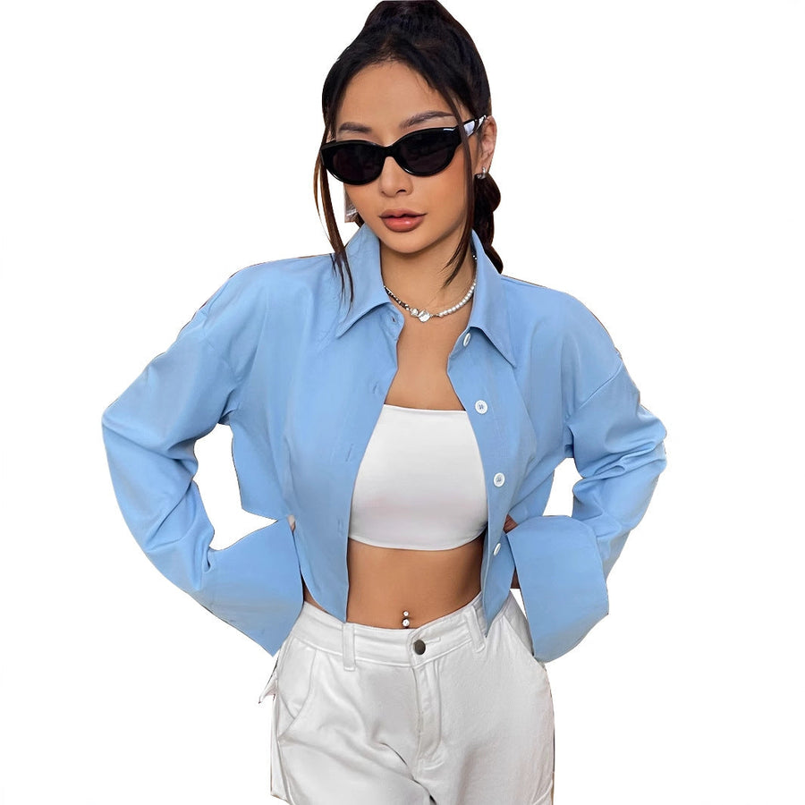 Damen cropped Bluse mit weiten Ärmeln und eleganter Knopfleiste