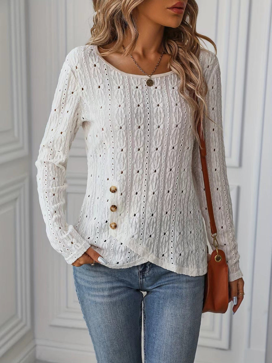 Damen Langarmshirt mit dekorativen Knöpfen und Struktur