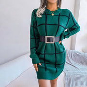Warmes Kleid | Lockeres Strickkleid mit Karo-muster und langen Ärmeln für dich