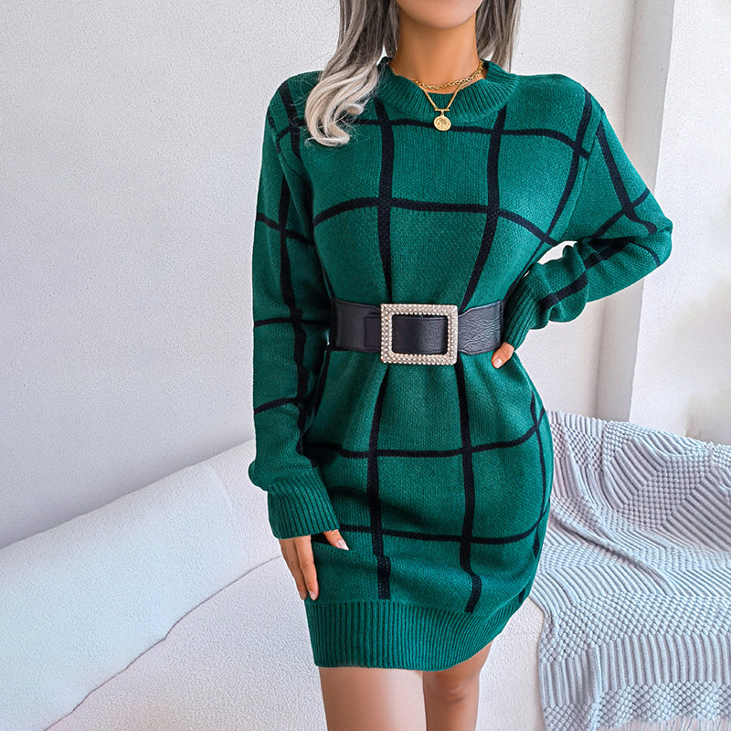 Warmes Kleid | Lockeres Strickkleid mit Karo-muster und langen Ärmeln für dich