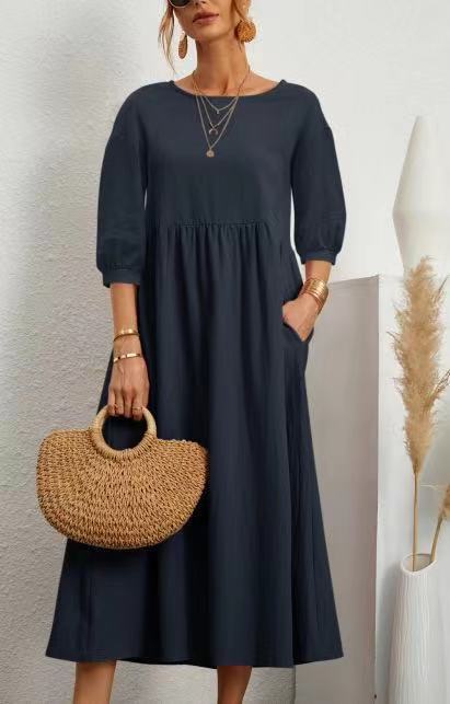 Damen Midi-Kleid mit Ballonärmeln und praktischen Taschen