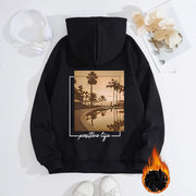 Damen Kapuzenpullover mit urbanem Palmenmotiv und positivem Schriftzug