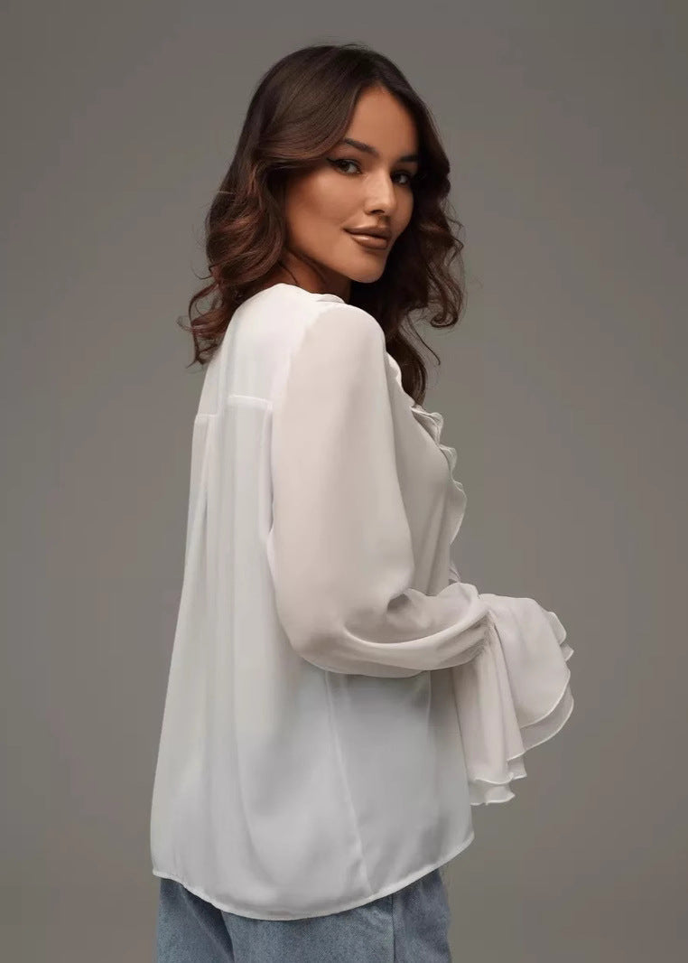 Damen Bluse aus Chiffon mit Rüschen und V-Ausschnitt – Elegant und luftig