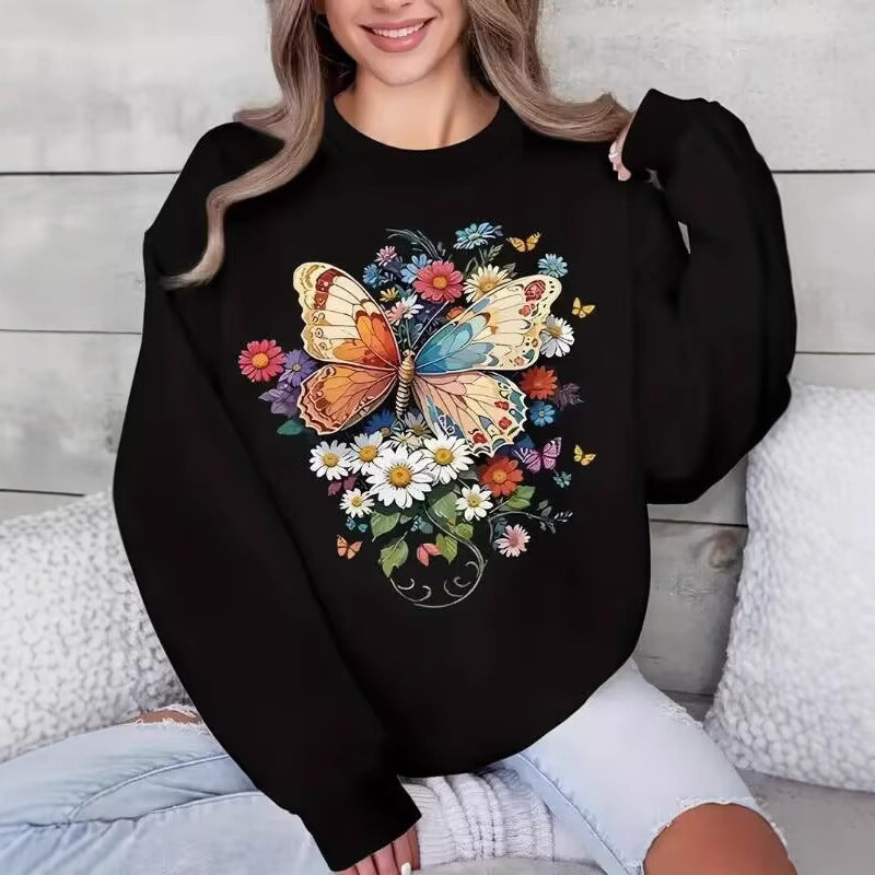 Damen Langarm Sweatshirt mit floralem Schmetterlingsdruck