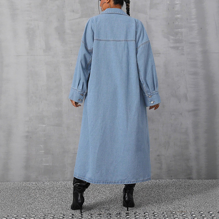 Damen Denim-Maxi-Jacke im lässigen Oversized-Schnitt mit bequemen Druckknöpfen und praktischen Taschen