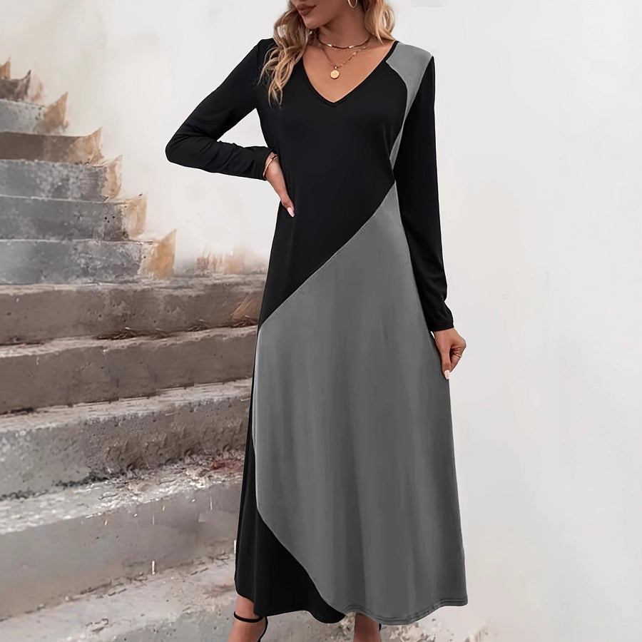 Damen figurbetontes Langarm-Kleid mit modernem Schnitt und Farbeinteilungen