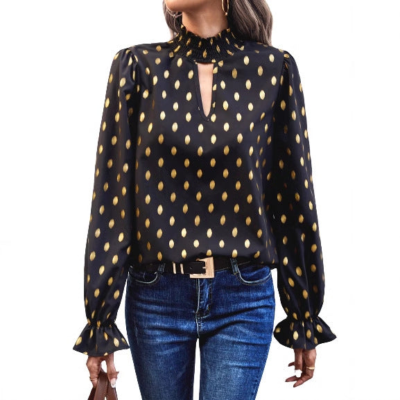 Damen elegante Bluse mit modischem Halsausschnitt und goldenen Akzenten