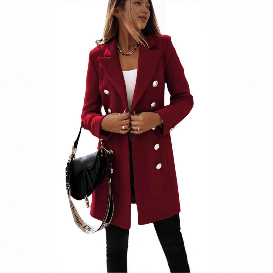 Damen eleganter Wollmantel mit doppelter Knopfleiste und breitem Revers