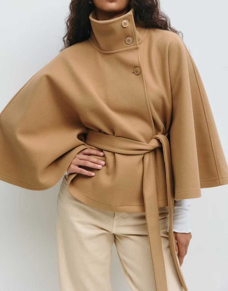 Damen stylische Umhangjacke mit hohem Kragen und Gürtel