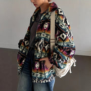 Damen Fleecejacke mit buntem Ethno-Muster und weichem Innenfutter