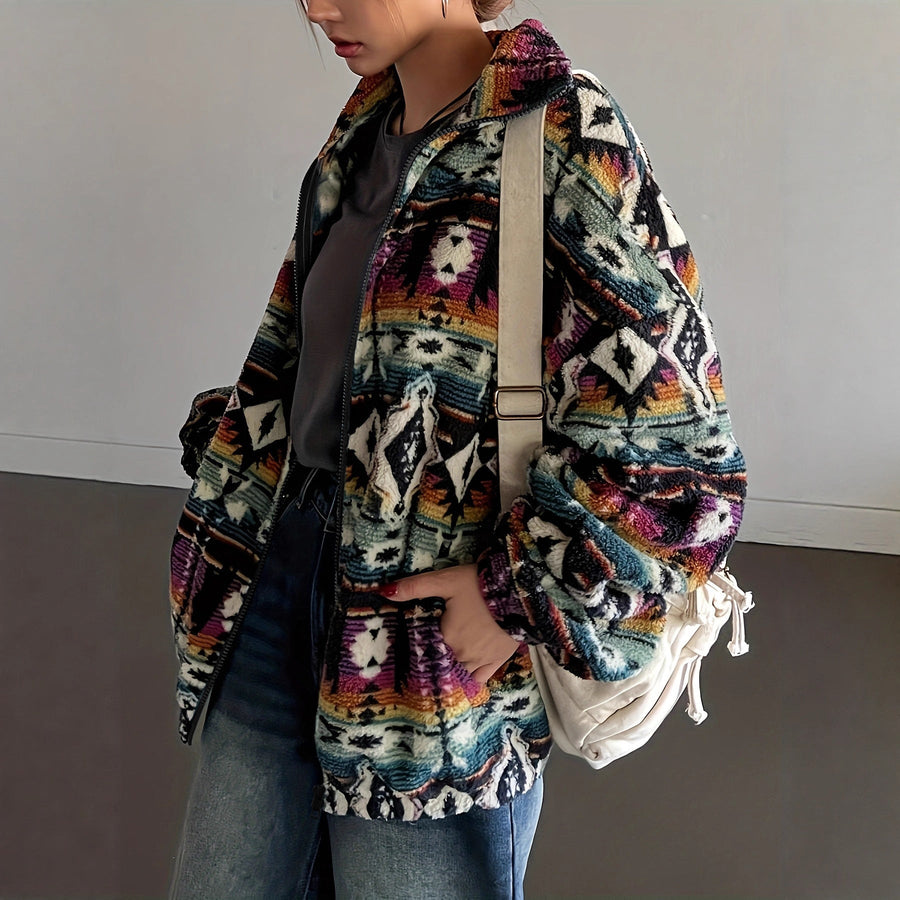 Damen Fleecejacke mit buntem Ethno-Muster und weichem Innenfutter