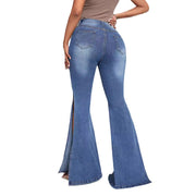 Damen elegante High-Waist Flared Jeans mit seitlichen Schlitzen