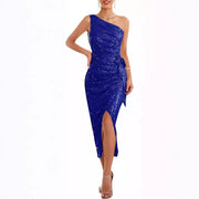 Damen asymmetrisches Abendkleid mit Pailletten und hohem Schlitz Heidi-Mode