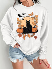 Damen Sweatshirt mit herbstlichem Katzen- und Kürbisdesign