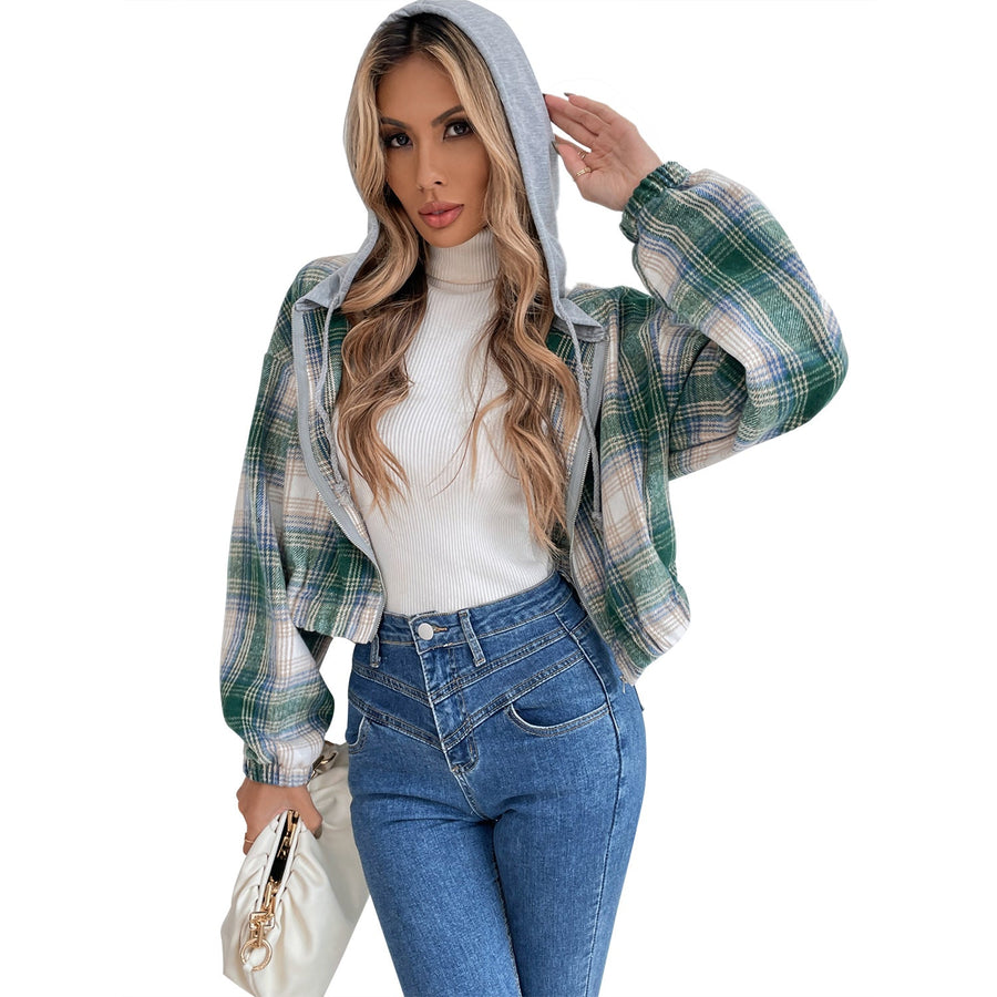 Damen cropped Flanelljacke mit Kapuze und modernem Karomuster