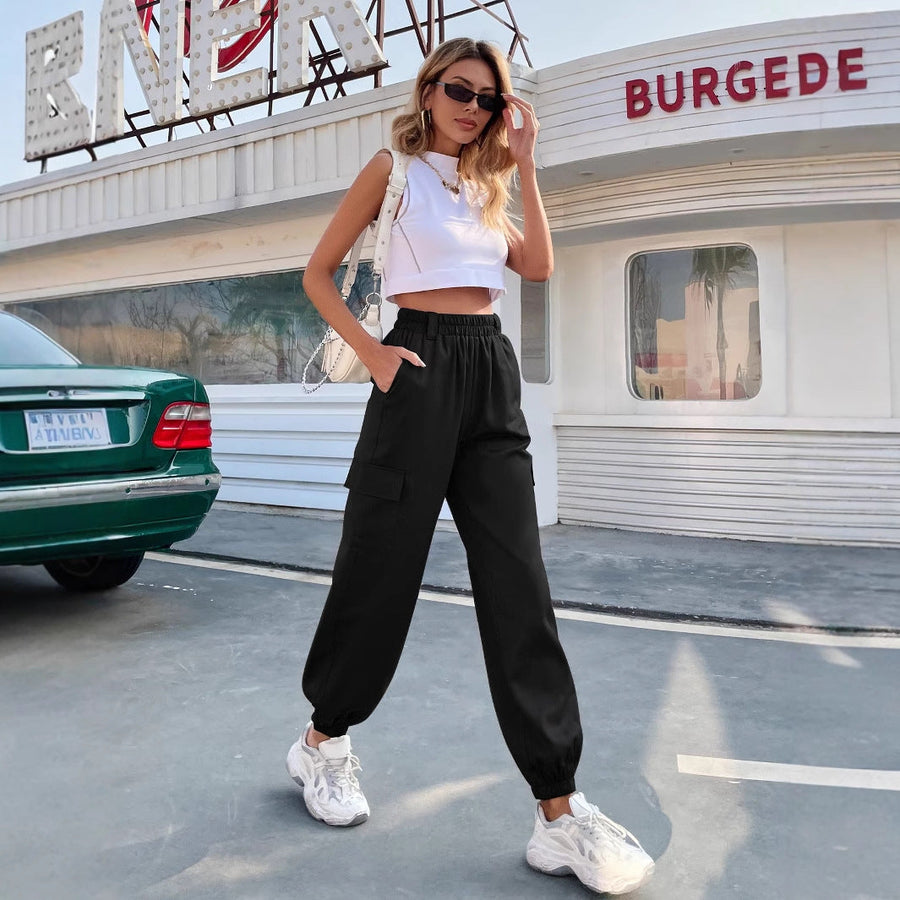 Damen elegante Cargo-Hose mit elastischem Bund und praktischen Seitentaschen