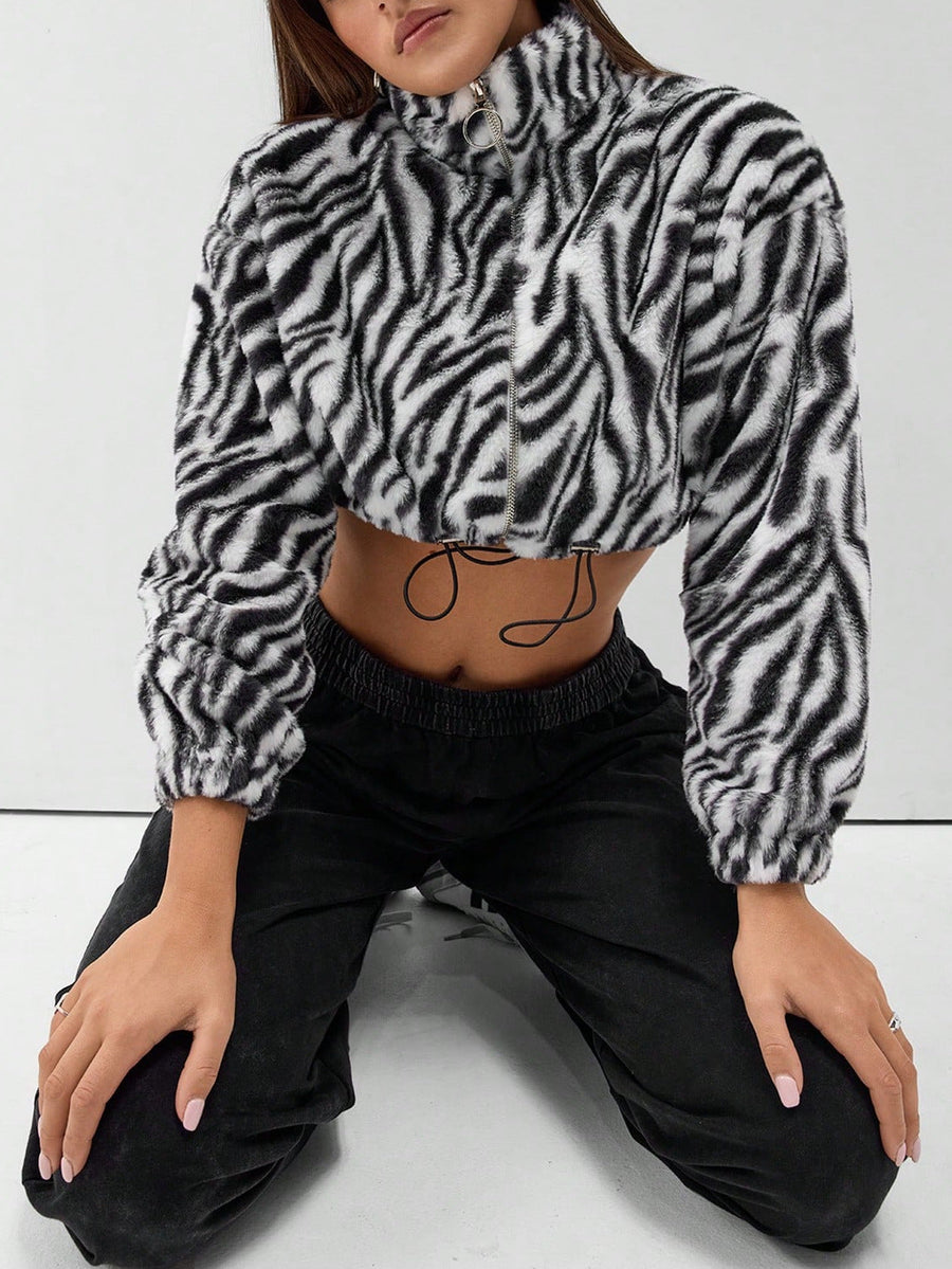 Damen cropped Fleece-Jacke mit modernem Zebra-Design und elastischen Bündchen