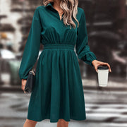 Damen elegantes Midi-Kleid mit Taillengummi und Puffärmeln