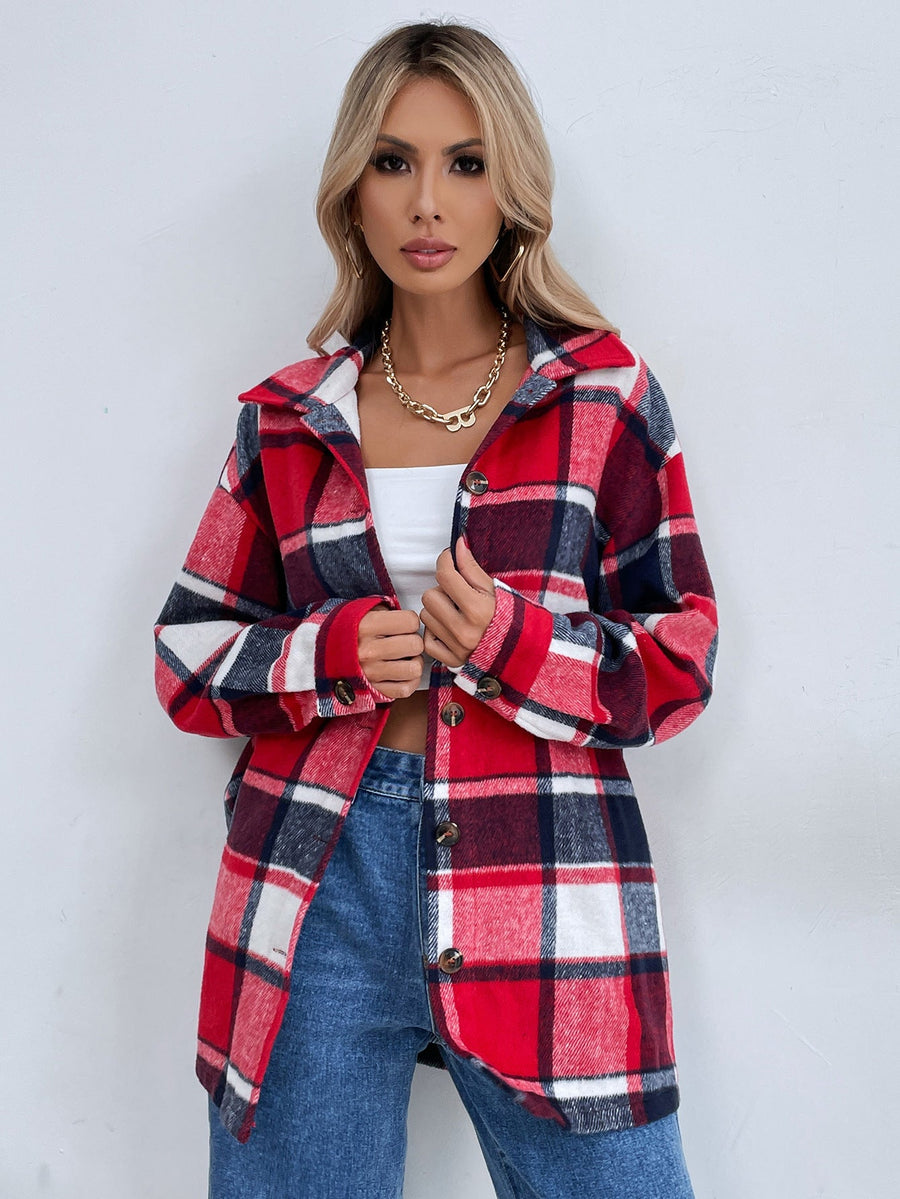 Damen Flanelljacke im karierten Design mit Knopfdetails