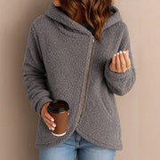 Damen Fleecejacke mit asymmetrischem Reißverschluss und Kapuze