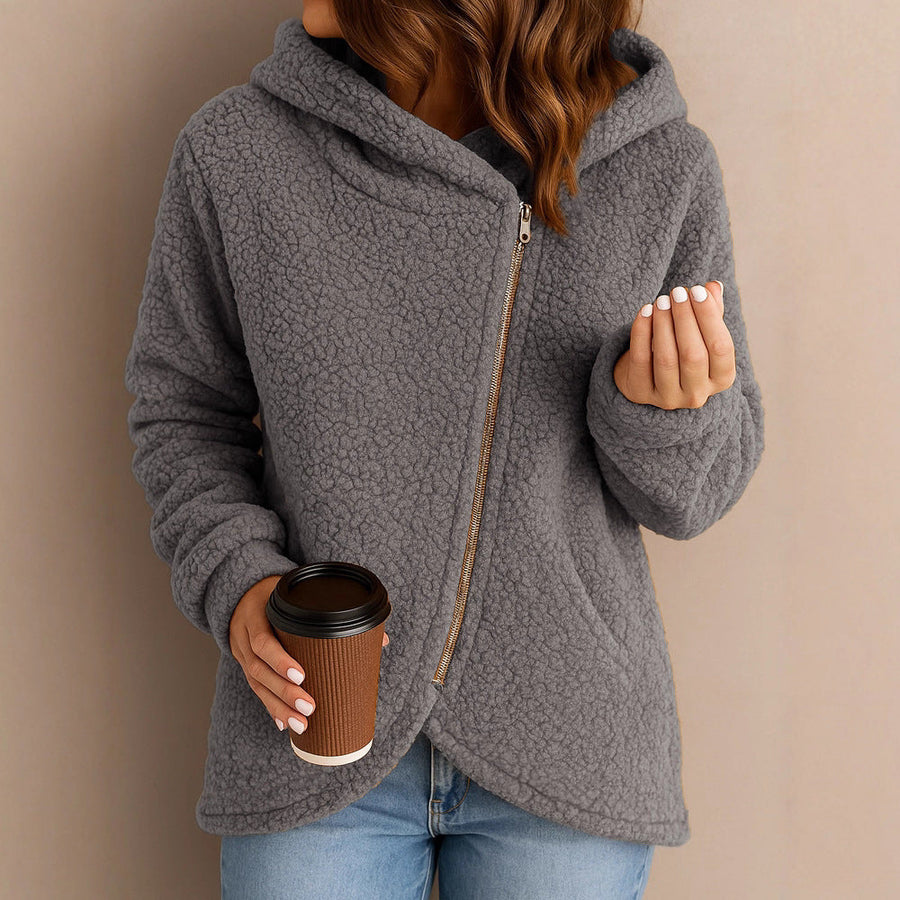 Damen Fleecejacke mit asymmetrischem Reißverschluss und Kapuze