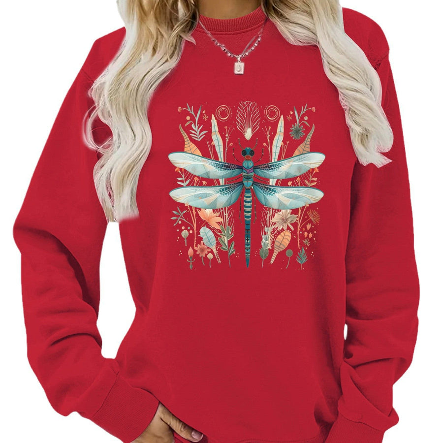 Damen Sweatshirt mit einzigartigem Libellen-Print und botanischem Design