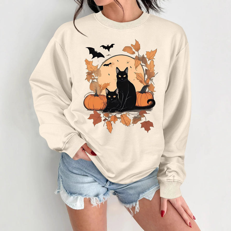 Damen Sweatshirt mit herbstlichem Katzen- und Kürbisdesign