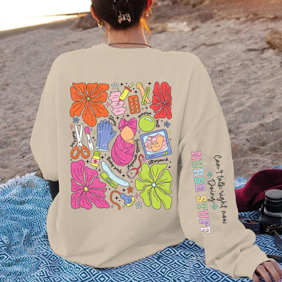Damen Sweatshirt mit buntem Grafikdesign und originellem Pflege-Motiv