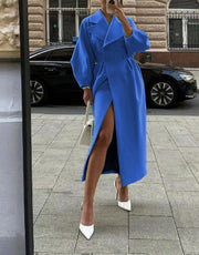 Eleganter langer Damen Trenchcoat – Reverskragen & Laternenärmel – Modern