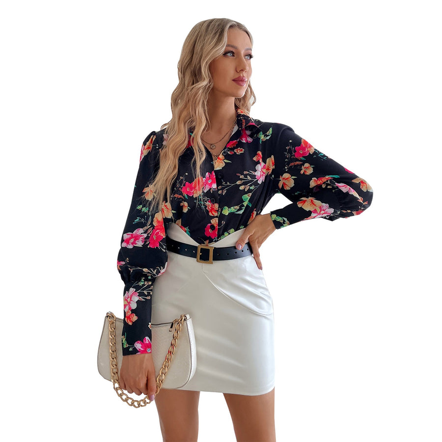 Damen elegante Bluse mit floralen Mustern und Puffärmeln