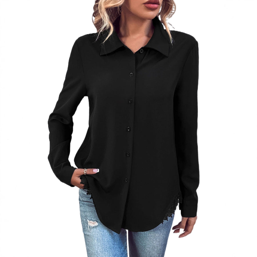 Damen elegante Bluse mit Spitze und Knopfleiste