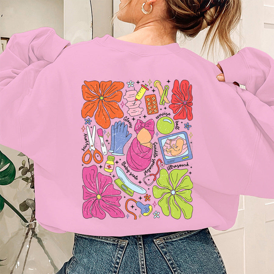Damen Sweatshirt mit buntem Grafikdesign und originellem Pflege-Motiv